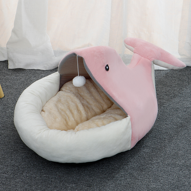 Designer Cat Bed - Pink Whale Cotton Semi-enclosed, with Teaser