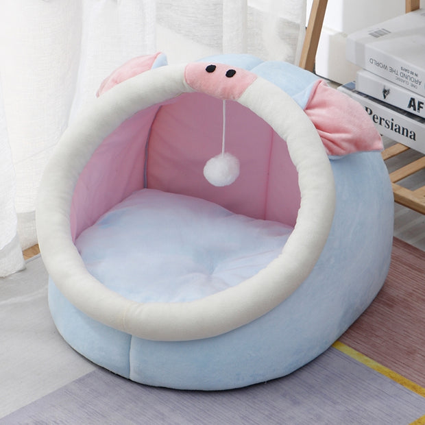 Designer Cat Bed - Blue Piggy Super Soft Cloth Semi-enclosed, with Teaser
